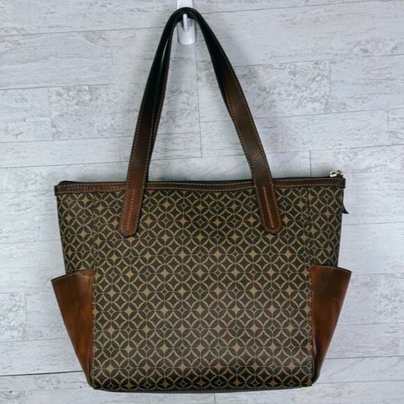 Fossil Mimi signature brown geometric faux leather shopper tote / shoulder bag - Picture 2 of 7